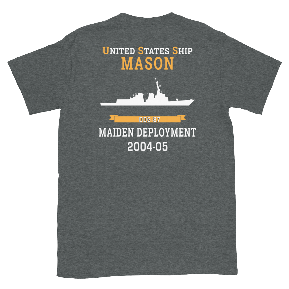 USS Mason (DDG-87) 2004-05 MAIDEN DEPLOYMENT Short-Sleeve Unisex T-Shirt – back view, heather
