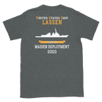 USS Lassen (DDG-82) 2003 MAIDEN DEPLOYMENT Short-Sleeve Unisex T-Shirt – back view, heather