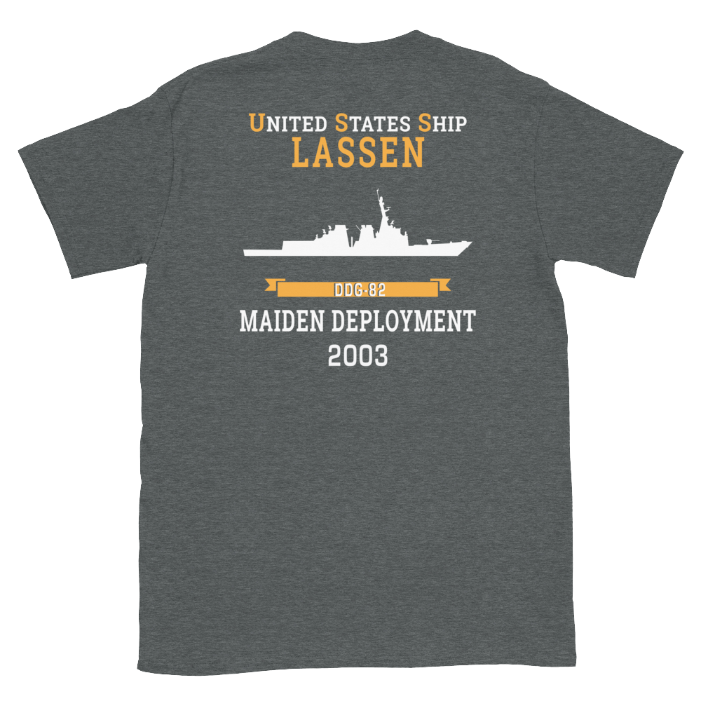 USS Lassen (DDG-82) 2003 MAIDEN DEPLOYMENT Short-Sleeve Unisex T-Shirt – back view, heather