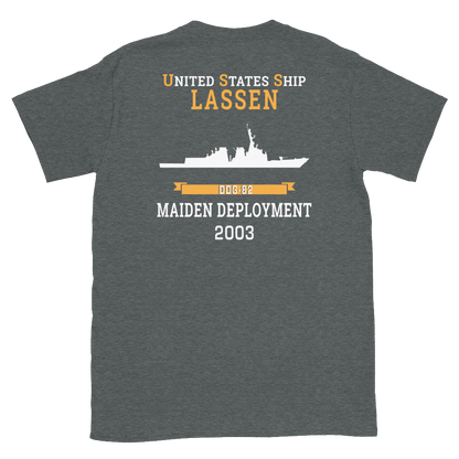 USS Lassen (DDG-82) 2003 MAIDEN DEPLOYMENT Short-Sleeve Unisex T-Shirt – back view, heather
