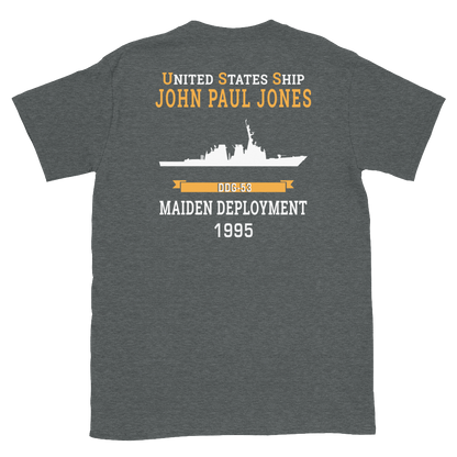 USS John Paul Jones (DDG-53) 1995 MAIDEN DEPLOYMENT Short-Sleeve Unisex T-Shirt – back view, heather