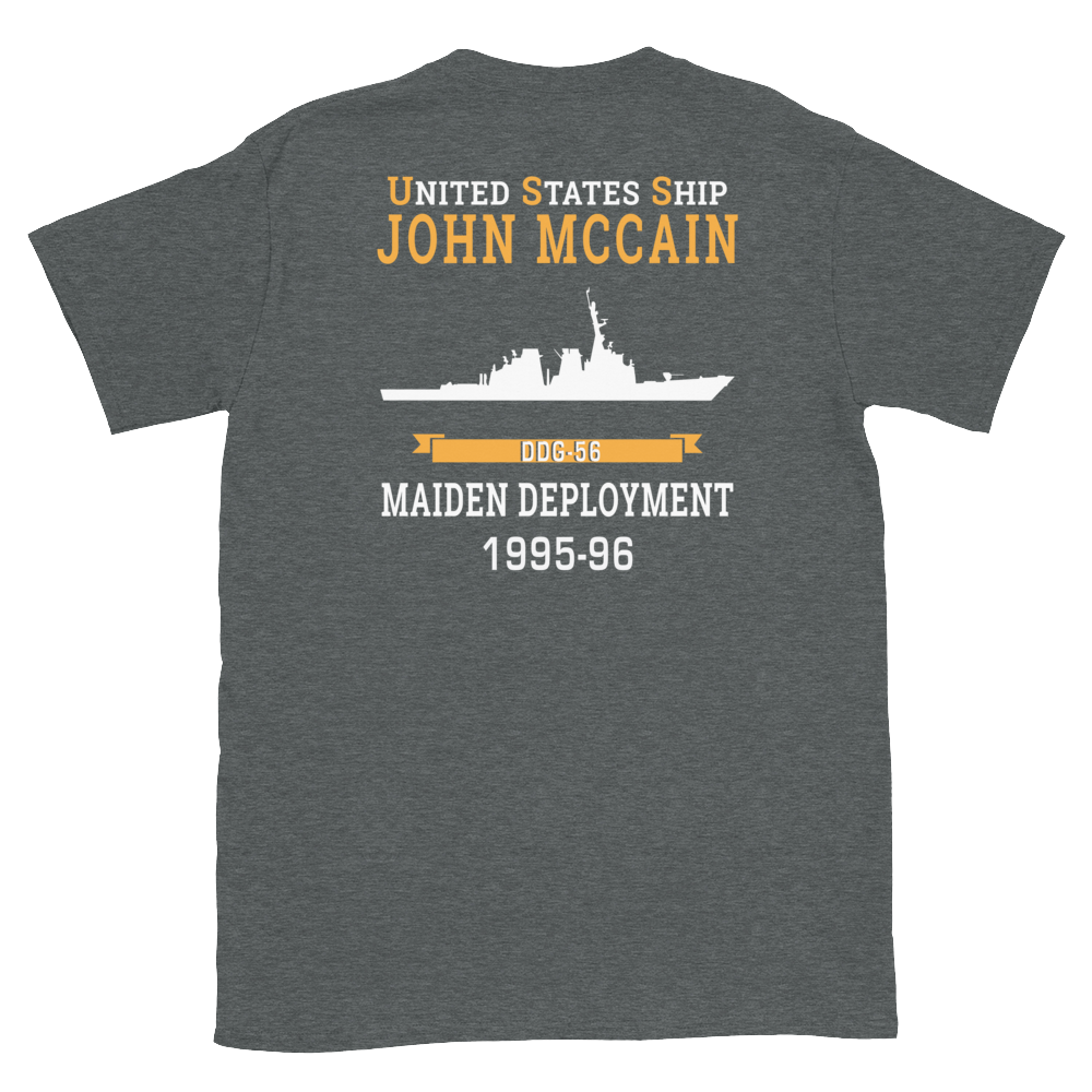 USS John S. McCain (DDG-56) 1995-96 MAIDEN DEPLOYMENT Short-Sleeve Unisex T-Shirt – back view, heather