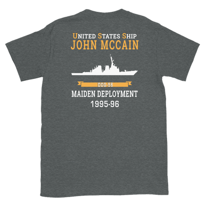 USS John S. McCain (DDG-56) 1995-96 MAIDEN DEPLOYMENT Short-Sleeve Unisex T-Shirt – back view, heather