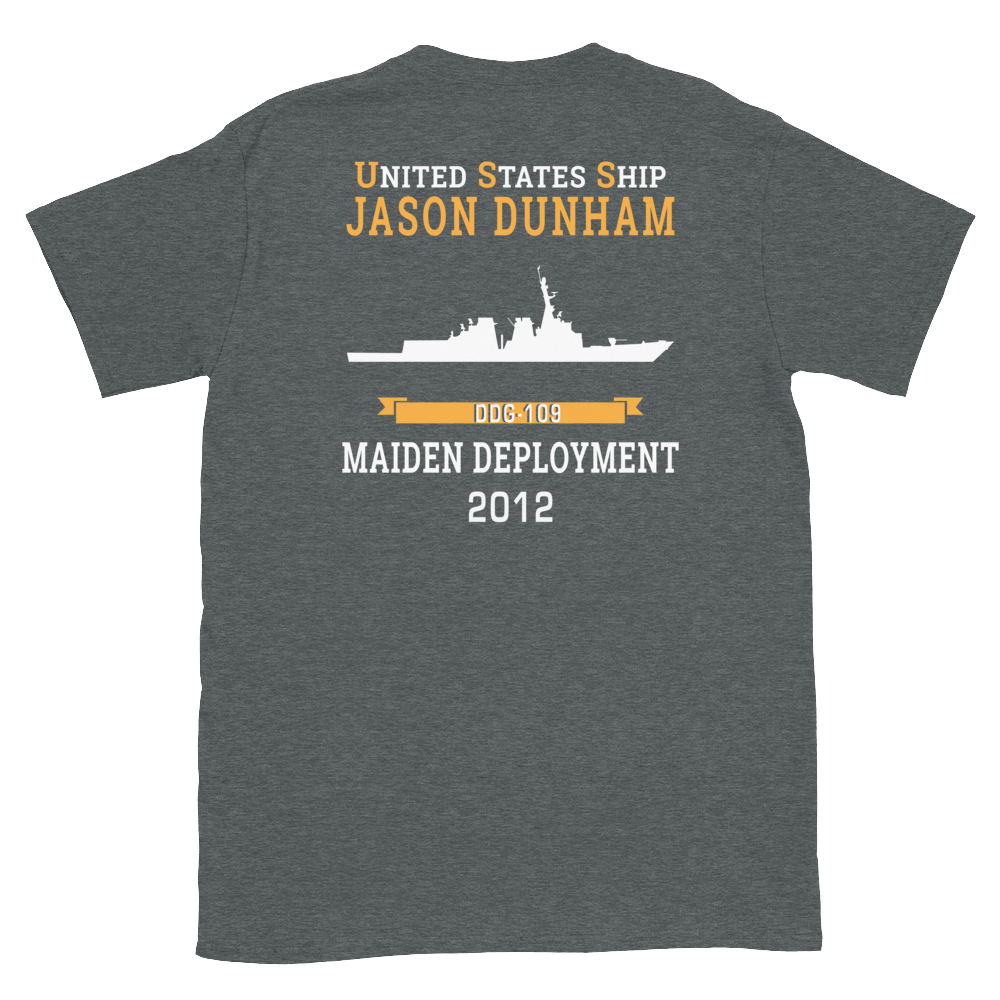 USS Jason Dunham (DDG-109) 2012 MAIDEN DEPLOYMENT Short-Sleeve Unisex T-Shirt – back view, heather