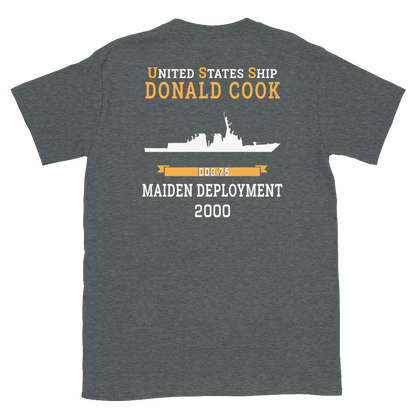 USS Donald Cook (DDG-75) 2000 MAIDEN DEPLOYMENT Short-Sleeve Unisex T-Shirt – back view, heather