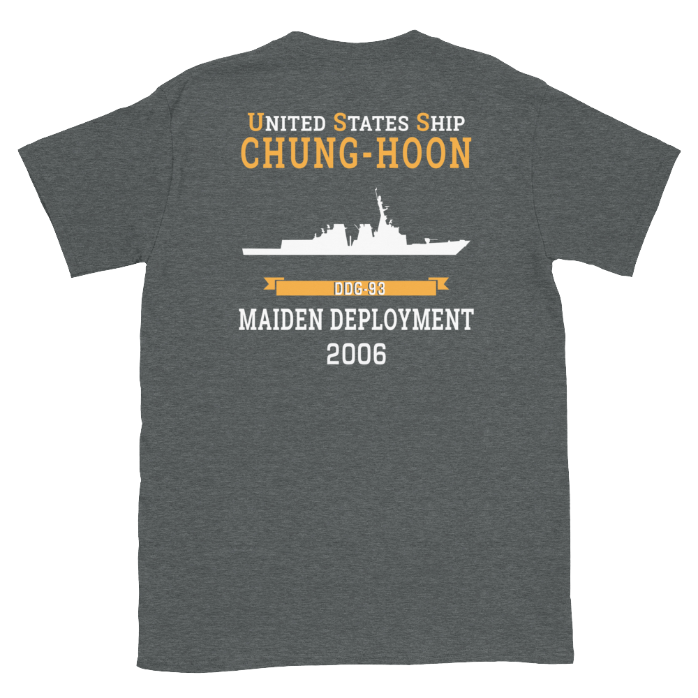USS Chung-Hoon (DDG-93) 2006 MAIDEN DEPLOYMENT Short-Sleeve Unisex T-Shirt – back view, heather