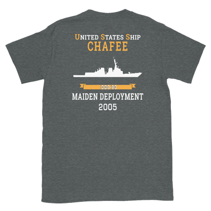 USS Chafee (DDG-90) 2005 MAIDEN DEPLOYMENT Short-Sleeve Unisex T-Shirt – back view, heather