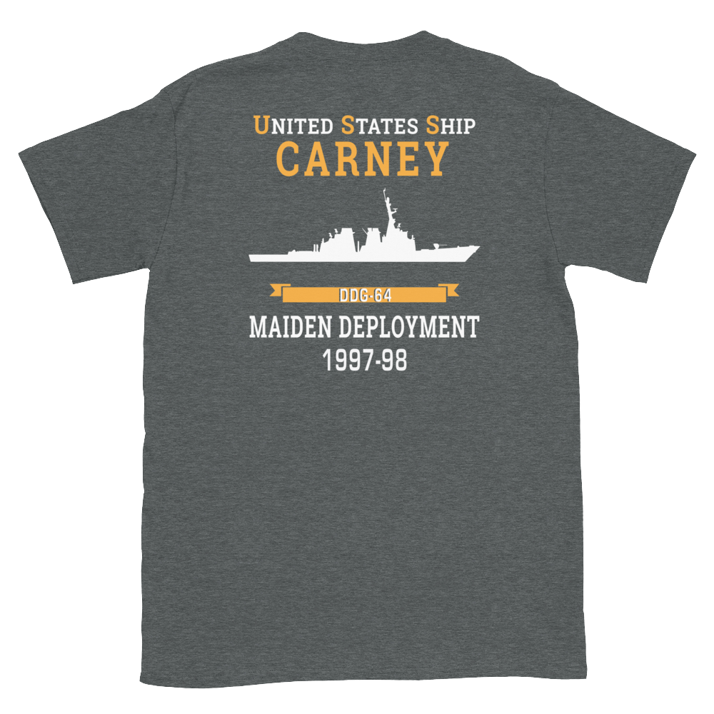 USS Carney (DDG-64) 1997-98 MAIDEN DEPLOYMENT Short-Sleeve Unisex T-Shirt – back view, heather
