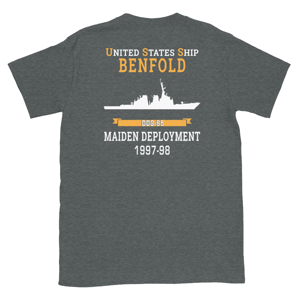 USS Benfold (DDG-65) 1997-98 MAIDEN DEPLOYMENT Short-Sleeve Unisex T-Shirt – back view, heather