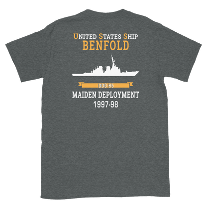 USS Benfold (DDG-65) 1997-98 MAIDEN DEPLOYMENT Short-Sleeve Unisex T-Shirt – back view, heather