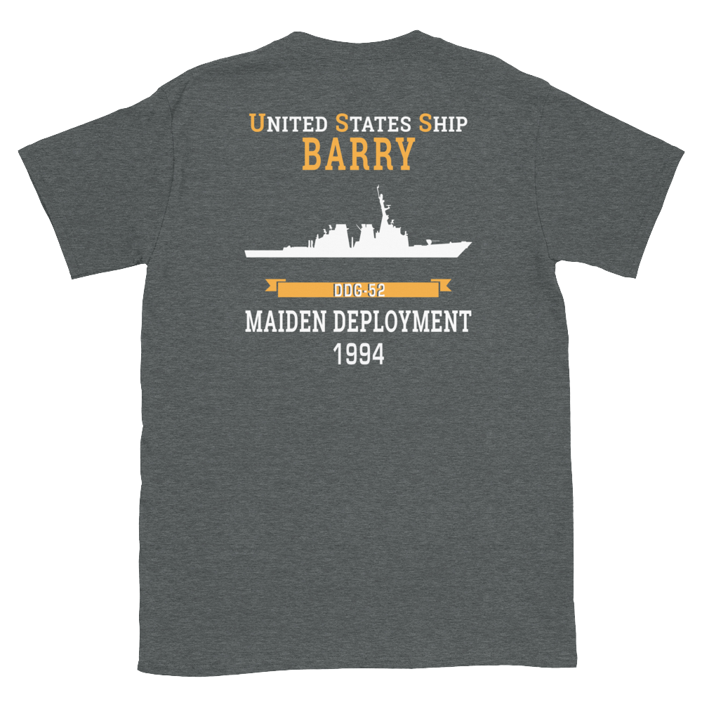 USS Barry (DDG-52) 1994 MAIDEN DEPLOYMENT Short-Sleeve Unisex T-Shirt – back view, heather