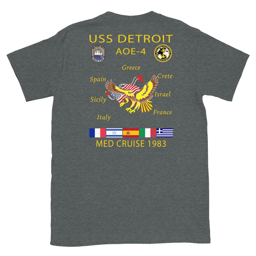 USS Detroit (AOE-4) 1983 Med Cruise T-Shirt – back view, heather