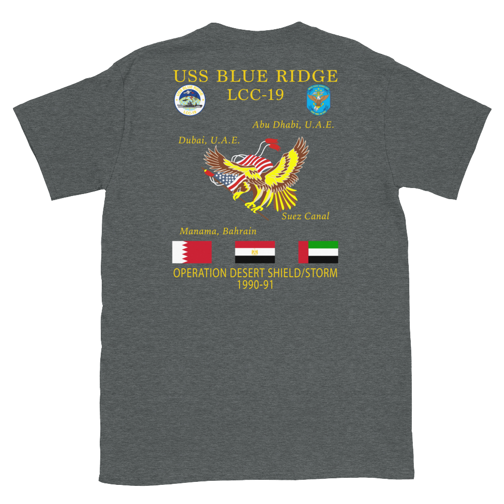 USS Blue Ridge (LCC-19) 1990-91 ODS/S Cruise Shirt – back view, heather