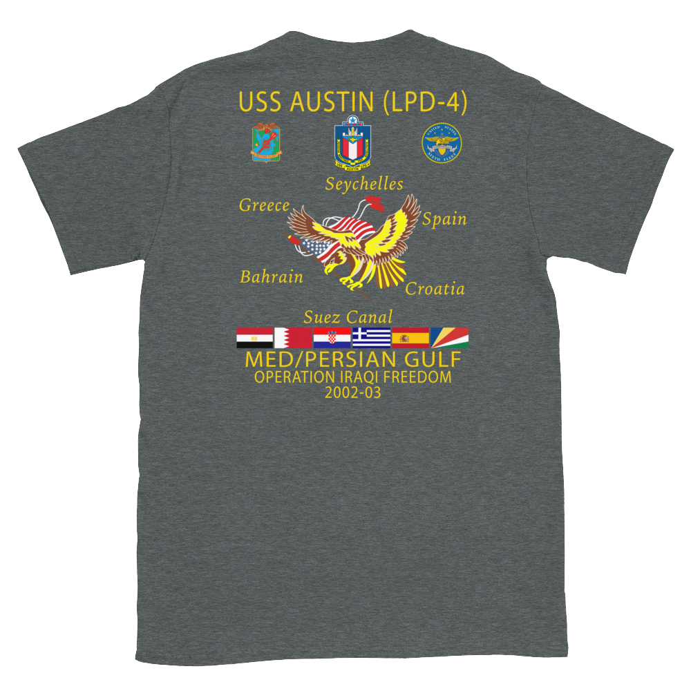 USS Austin (LPD-4) 2002-03 Cruise Shirt – back view, heather