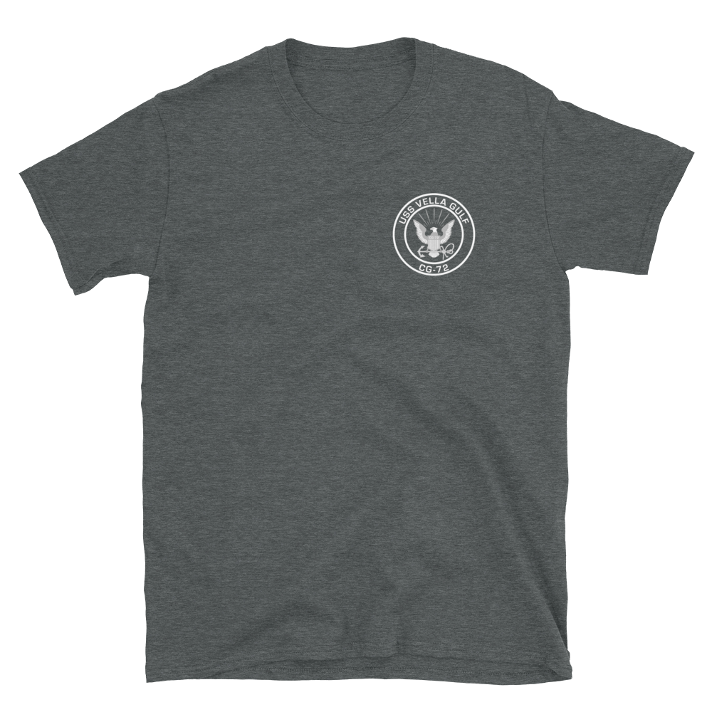 USS Vella Gulf (CG-72) 2001-02 MED Short-Sleeve Unisex T-Shirt – front view, heather