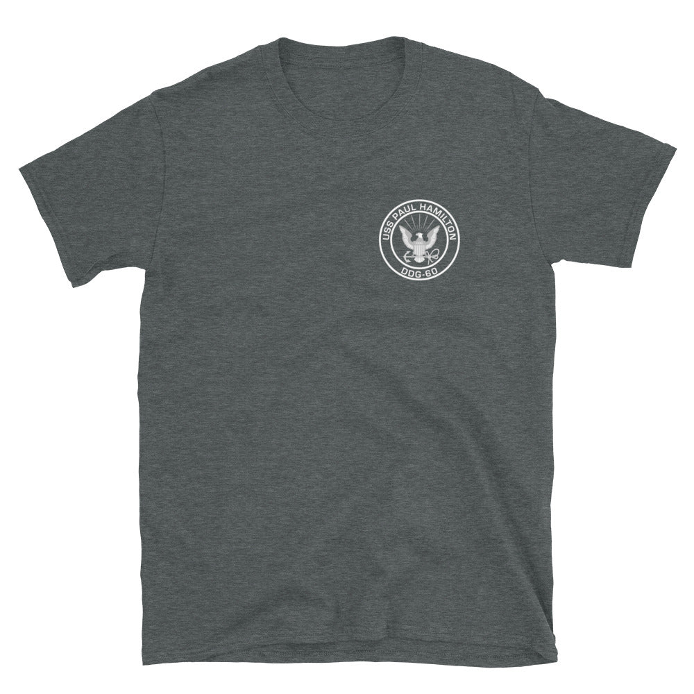 USS Paul Hamilton (DDG-60) 1996-97 MAIDEN DEPLOYMENT Short-Sleeve Unisex T-Shirt – front view, heather
