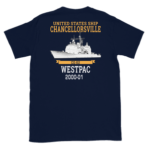 USS Chancellorsville (CG-62) 2000-01 WESTPAC Short-Sleeve T-Shirt – back view, navy