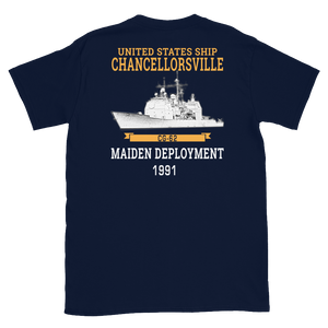 USS Chancellorsville (CG-62) 1991 Maiden Deployment Short-Sleeve T-Shirt – back view, navy