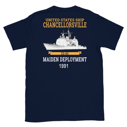 USS Chancellorsville (CG-62) 1991 Maiden Deployment Short-Sleeve T-Shirt – back view, navy