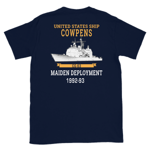 USS Cowpens (CG-63) 1992-93 Maiden Deployment Short-Sleeve T-Shirt – back view, navy