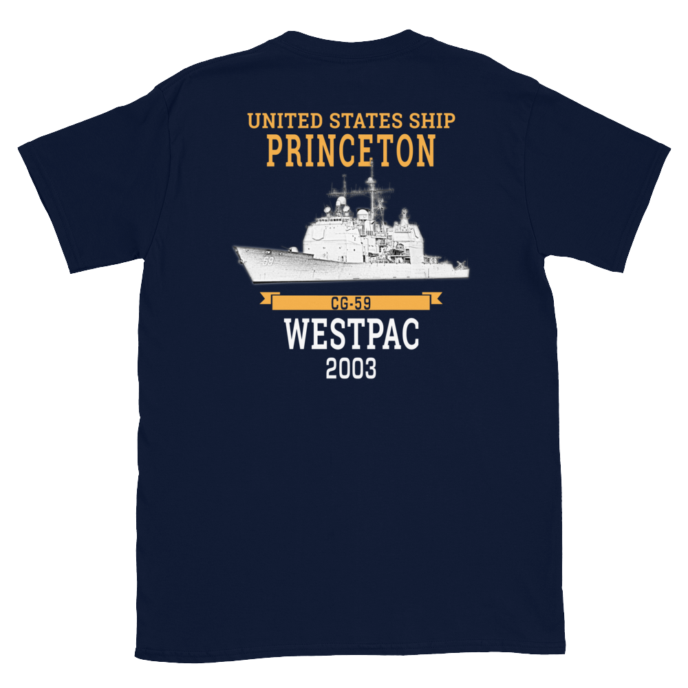 USS Princeton (CG-59) 2003 WESTPAC Short-Sleeve Unisex T-Shirt – back view, navy