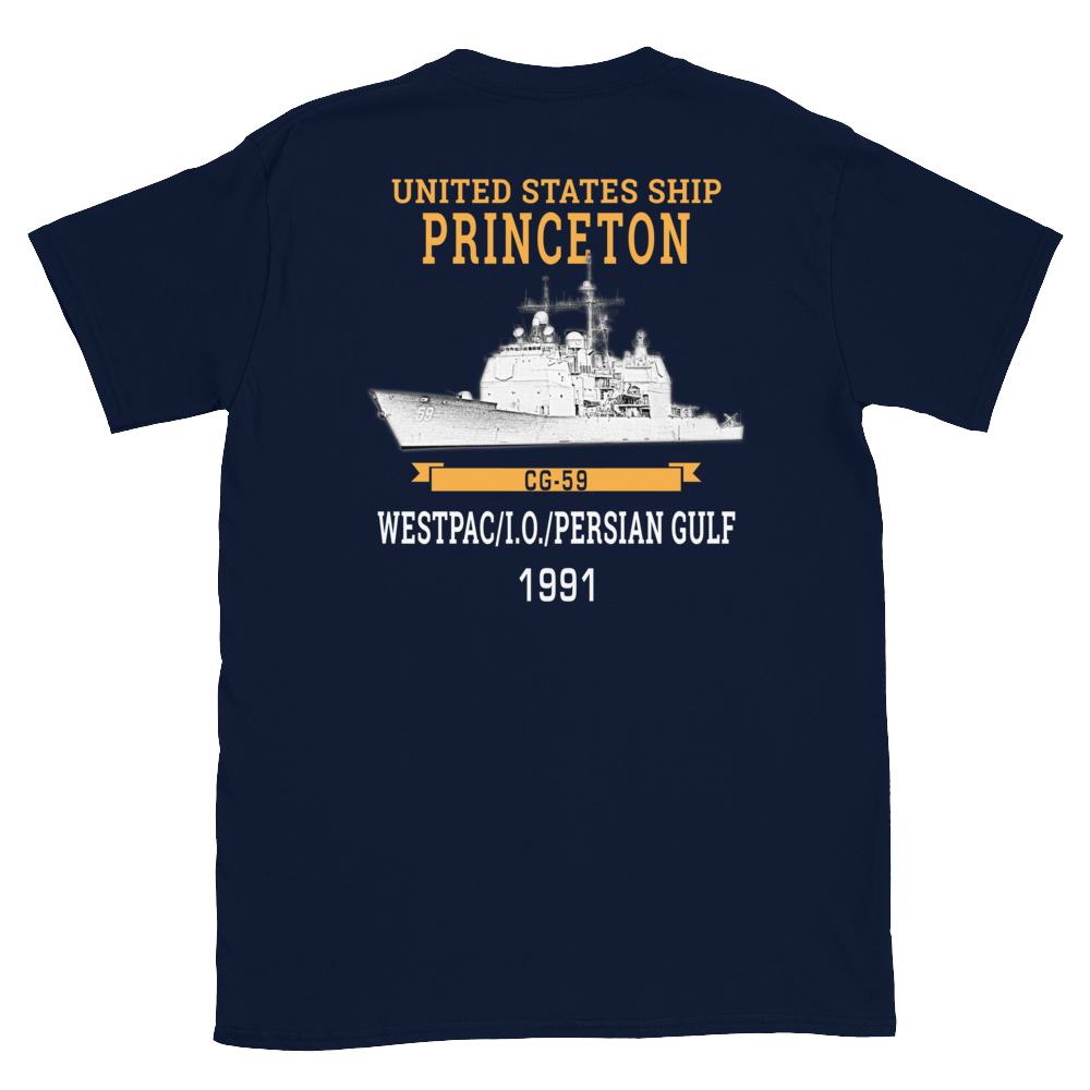 USS Princeton (CG-59) 1991 WESTPAC/IO/Persian Gulf Short-Sleeve Unisex T-Shirt – back view, navy