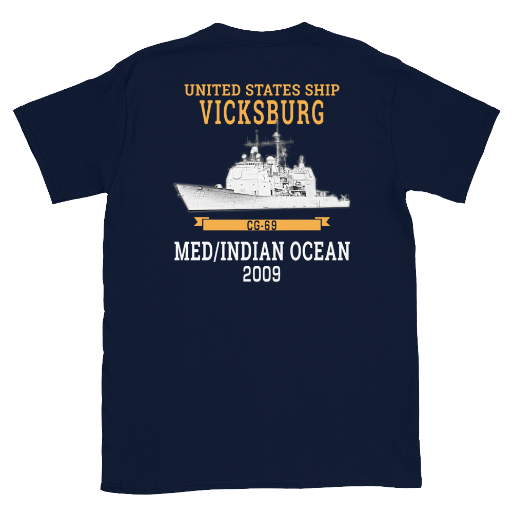 USS Vicksburg (CG-69) 2009 MED/IO Short-Sleeve Unisex T-Shirt – back view, navy