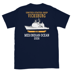 USS Vicksburg (CG-69) 2006 MED/IO Short-Sleeve Unisex T-Shirt – back view, navy