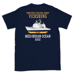 USS Vicksburg (CG-69) 2002 MED/IO Short-Sleeve Unisex T-Shirt – back view, navy