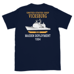 USS Vicksburg (CG-69) 1994 Maiden Deployment Short-Sleeve Unisex T-Shirt – back view, navy