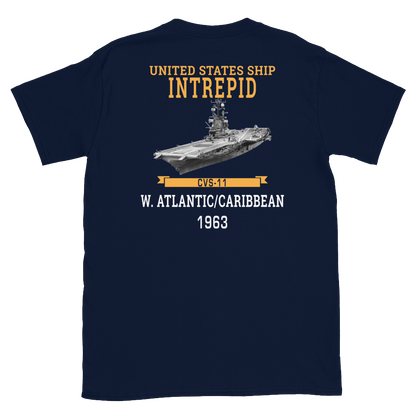 USS Intrepid (CVS-11) 1963 W. Atlantic/Caribbean Short-Sleeve T-Shirt – back view, navy