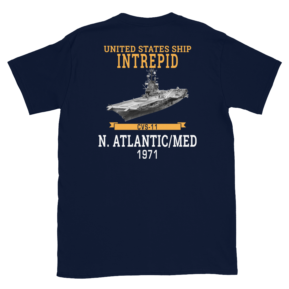 USS Intrepid (CVS-11) 1971 N.Atlantic/MED Short-Sleeve T-Shirt – back view, navy