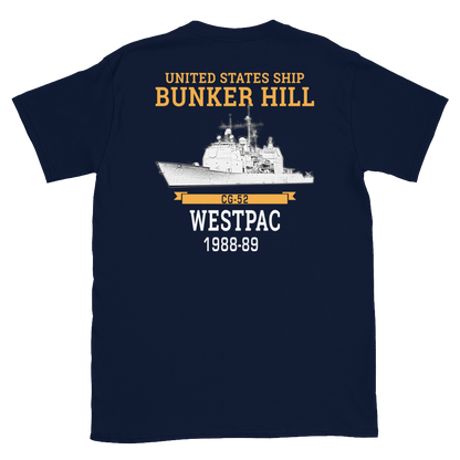USS Bunker Hill (CG-52) 1988-89 WESTPAC Short-Sleeve Unisex T-Shirt – back view, navy