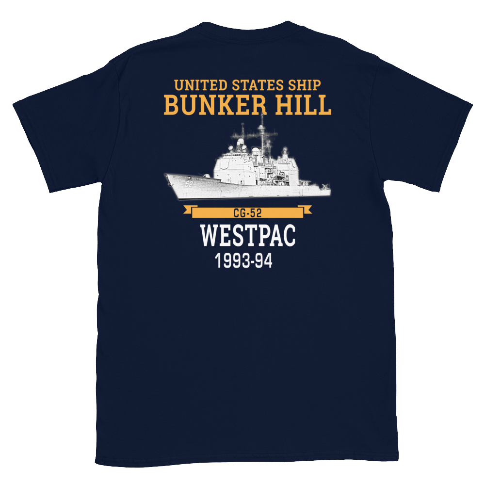 USS Bunker Hill (CG-52) 1993-94 WESTPAC Short-Sleeve Unisex T-Shirt – back view, navy