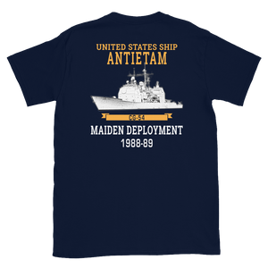USS Antietam (CG-54) 1988-89 Maiden Deployment Short-Sleeve T-Shirt – back view, navy
