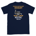 USS Oriskany (CVA-34) 1963-64 WESTPAC Short-Sleeve Unisex T-Shirt – back view, navy