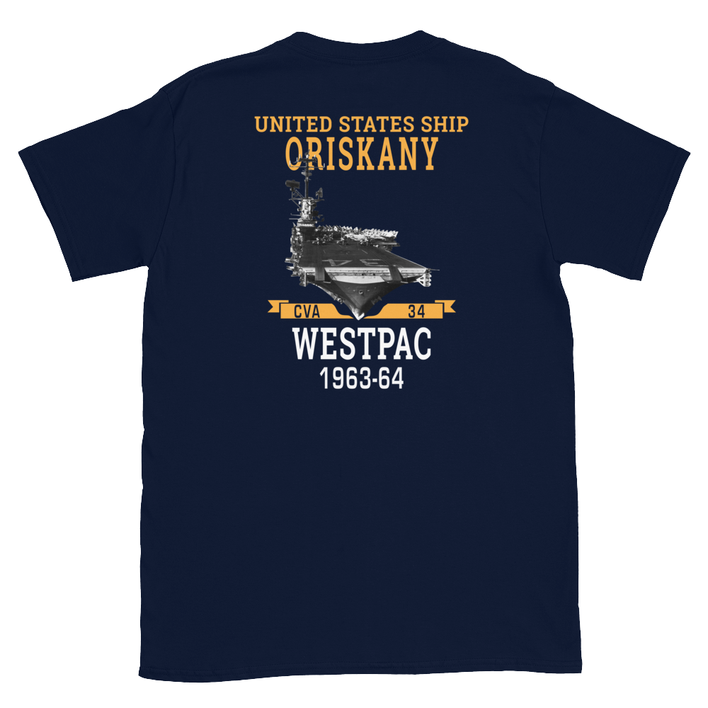 USS Oriskany (CVA-34) 1963-64 WESTPAC Short-Sleeve Unisex T-Shirt – back view, navy
