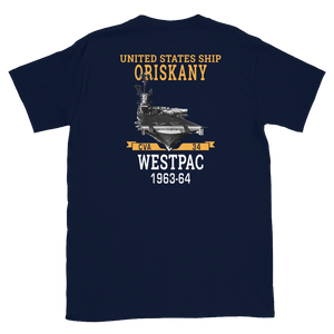 USS Oriskany (CVA-34) 1963-64 WESTPAC Short-Sleeve Unisex T-Shirt – back view, navy