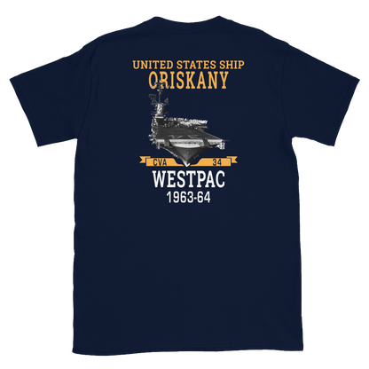 USS Oriskany (CVA-34) 1963-64 WESTPAC Short-Sleeve Unisex T-Shirt – back view, navy