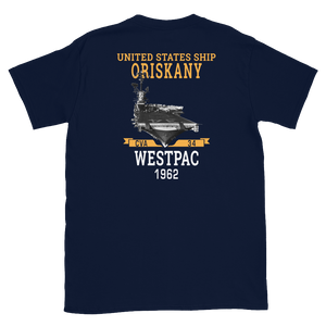 USS Oriskany (CVA-34) 1962 WESTPAC Short-Sleeve Unisex T-Shirt – back view, navy