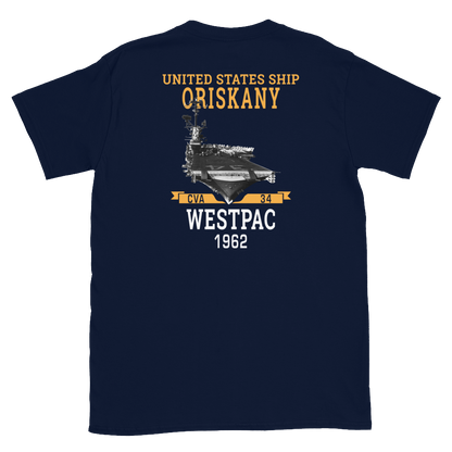 USS Oriskany (CVA-34) 1962 WESTPAC Short-Sleeve Unisex T-Shirt – back view, navy