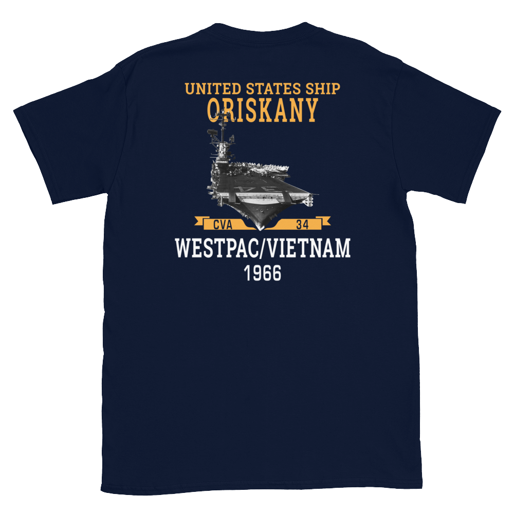 USS Oriskany (CVA-34) 1966 WESTPAC/VIETNAM Short-Sleeve Unisex T-Shirt – back view, navy