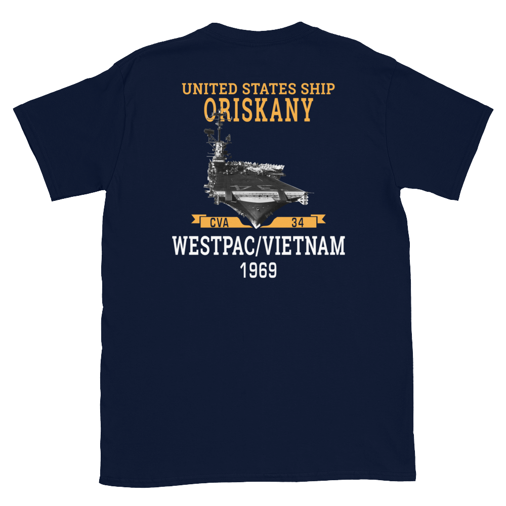 USS Oriskany (CVA-34) 1969 WESTPAC/VIETNAM Short-Sleeve Unisex T-Shirt – back view, navy