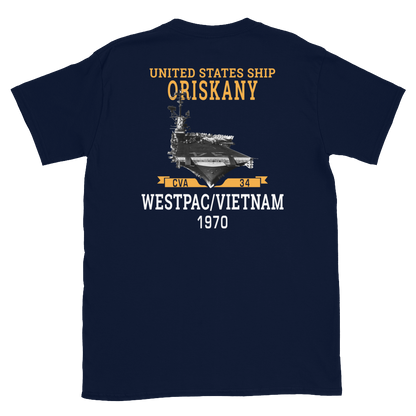 USS Oriskany (CVA-34) 1970 WESTPAC/VIETNAM Short-Sleeve Unisex T-Shirt – back view, navy