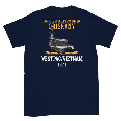 USS Oriskany (CVA-34) 1971 WESTPAC/VIETNAM Short-Sleeve Unisex T-Shirt – back view, navy