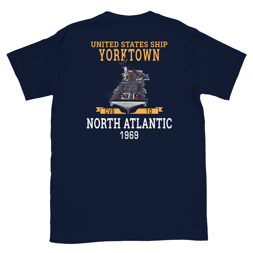 USS Yorktown (CVS-10) 1969 NORTH ATLANTIC Short-Sleeve Unisex T-Shirt – back view, navy
