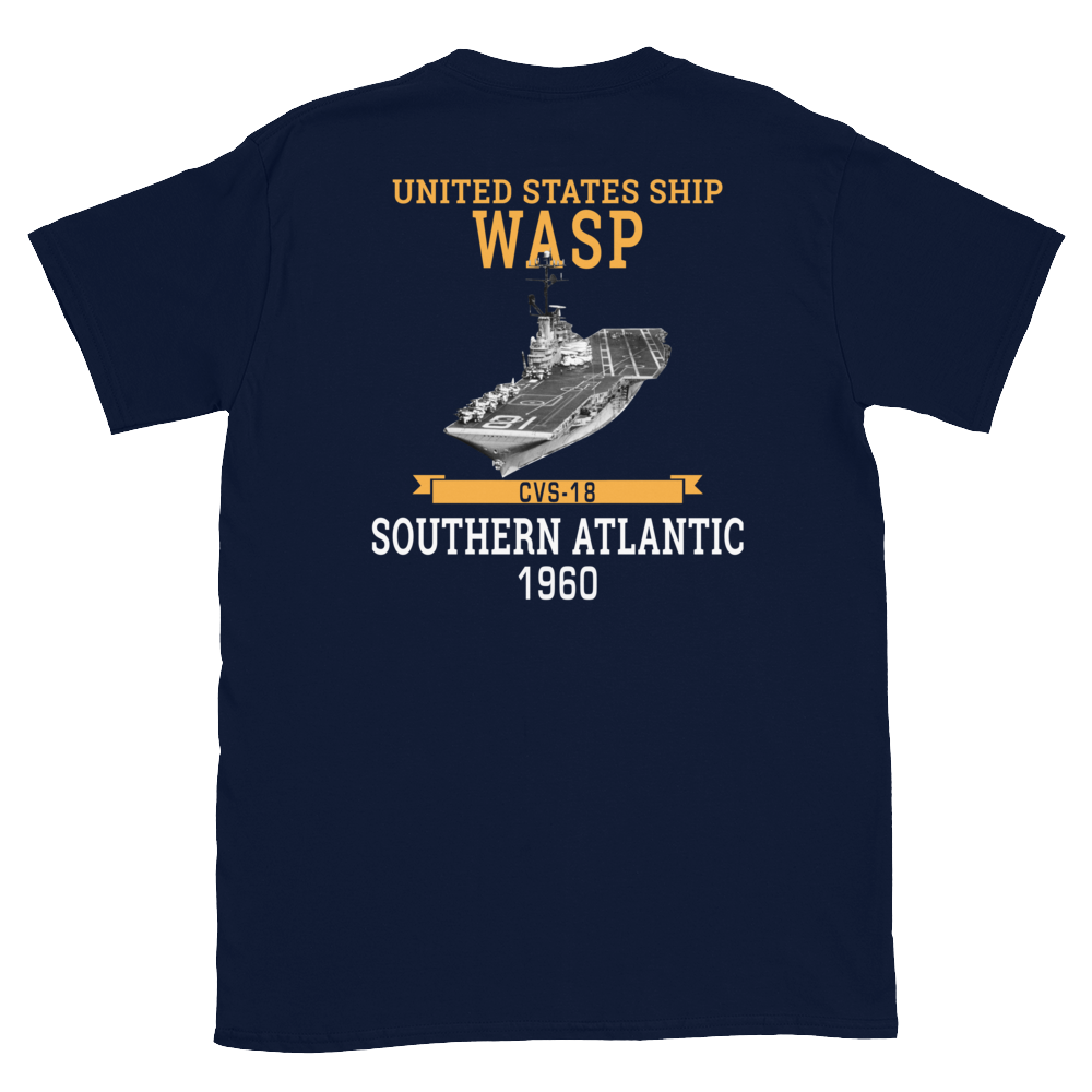 USS Wasp (CVS-18) 1960 S. ATLANTIC Short-Sleeve Unisex T-Shirt – back view, navy