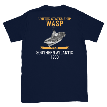 USS Wasp (CVS-18) 1960 S. ATLANTIC Short-Sleeve Unisex T-Shirt – back view, navy