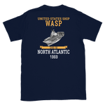 USS Wasp (CVS-18) 1969 N. ATLANTIC Short-Sleeve Unisex T-Shirt – back view, navy