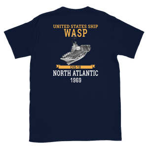 USS Wasp (CVS-18) 1969 N. ATLANTIC Short-Sleeve Unisex T-Shirt – back view, navy